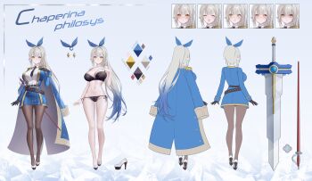 1girl absurdres ascot bare_arms bare_legs bare_shoulders belt black_bra black_gloves black_panties black_pantyhose blonde_hair blue_hair blue_skirt blush bra breasts cameltoe cape chaperina_philosys reference_sheet cleavage closed_mouth collared_shirt commentary_request commission cowboy_shot detached_collar dress_shirt elbow_gloves elf epaulettes flats full_body fymrie gem gloves gluteal_fold gradient_hair hair_intakes hair_ribbon hand_on_own_chest hand_up high_heels highres korean_commentary lace lace-trimmed_bra lace_trim large_breasts lingerie long_hair looking_at_viewer miniskirt multicolored_hair multiple_views navel necktie original panties pantyhose pencil_skirt pinstripe_pattern pinstripe_skirt pointy_ears ponytail red_gemstone ribbon second-party_source sheath sheathed shirt side-tie_panties side_slit simple_background skindentation skirt smile spaghetti_strap standing stomach strap_gap strapless strapless_shirt string_panties striped_clothes striped_skirt studded_belt sword thighs two-tone_hair underwear underwear_only vertical-striped_clothes vertical-striped_skirt very_long_hair weapon white_ascot white_background white_hair yellow_eyes