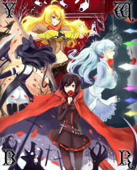 1boy 6+girls adam_taurus alternate_eye_color belt black_hair blake_belladonna blonde_hair blue_eyes bow brown_hair bullet cape clenched_hands corset cross fingerless_gloves flower gauntlets gloves grey_eyes gun hair_bow highres huge_weapon long_hair melanie_malachite midriff miltiades_malachite multiple_girls neckerchief open_mouth pantyhose ponytail rose ruby_rose rwby scythe short_hair siblings silversirius sisters smile tears twins weapon weiss_schnee white_hair yang_xiao_long yellow_eyes