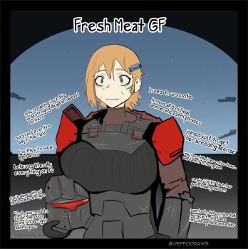 1girl armor blonde_hair blue_eyes breasts english_text frown helldiver_(helldivers) helldivers_(series) helmet holding holding_unworn_helmet jeffodraws large_breasts original pauldrons scared short_hair shoulder_armor signature solo space spacecraft sweat unworn_helmet