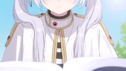 1girl 3boys alternate_hairstyle animated audible_speech beard blonde_hair blood blue_hair blunt_bangs book bow braid braided_ponytail cloud commentary dwarf earrings eisen_(sousou_no_frieren) elf english_commentary english_text eyelashes facial_hair fake_horns frieren glasses grass green_eyes green_hair heiter helmet highres himmel_(sousou_no_frieren) horned_helmet horns japanese_audio japanese_text jewelry long_hair multiple_boys music nosebleed petals pointy_ears ponytail short_hair side_ponytail sitting sky sound sousou_no_frieren tagme thick_eyebrows tree video white_hair