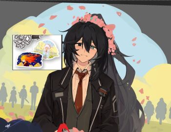 Rule 34 | 3boys, 4girls, art program in frame, black coat, black eyes, black hair, black vest, blue eyes, blush, coat, collared shirt, faust (project moon), flower, grin, hair between eyes, hair flower, hair ornament, heterochromia, highres, hong lu (project moon), ishmael (project moon), limbus company, long hair, long sleeves, looking at viewer, male focus, meursault (project moon), mili (band), multiple boys, multiple girls, necktie, one side up, photoshop (medium), pink flower, project moon, red necktie, reference inset, rodion (project moon), ryoshu (project moon), shirt, smile, solo focus, t0x1lc, tian tian (mili), upper body, very long hair, vest, white shirt, wing collar, yi sang (project moon)