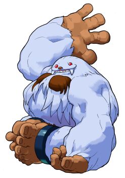 Rule 34 | 1boy, absurdres, arm at side, bengus, darkstalkers, fangs, full body, game cg, grin, happy, highres, knees apart feet together, looking at viewer, male focus, monster, non-web source, official art, red eyes, sasquatch (darkstalkers), simple background, sitting, smile, solo, vampire savior: the lord of vampire, waving, white background, white fur, yeti (creature)