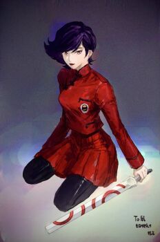 Rule 34 | 1girl, atlus, commentary request, holding, holding sword, holding weapon, jacket, jiyan 1215, lipstick, looking at viewer, maken x, makeup, pantyhose, pleated skirt, purple hair, red jacket, red lips, red skirt, sagami kei, school uniform, shanghai neckline, short hair, simple background, sitting, skirt, solo, sword, weapon, yellow eyes