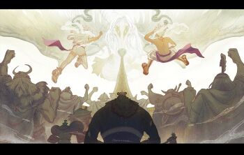 2girls 6+boys alternate_form bartholomew_kuma brogy_(one_piece) cape cloud_hair devil_fruit_power dorry_(one_piece) fake_horns franky_(one_piece) from_behind gear_fifth giant giant_male giantess hat_on_back helmet horned_helmet horns itsumade_(youkai) jewelry_bonney marcus_mars monkey_d._luffy multiple_boys multiple_girls official_alternate_color one_piece purple_sash sanji_(one_piece) sash shield shield_on_back spoilers tissine vegapunk_atlas