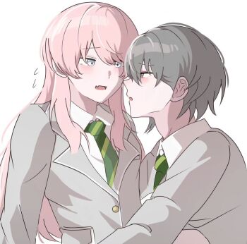 2girls bang_dream! bang_dream!_it's_mygo!!!!! blush chihaya_anon chinese_commentary collared_shirt commentary_request eye_contact fang flying_sweatdrops green_necktie grey_eyes grey_hair grey_jacket haneoka_school_uniform jacket long_hair looking_at_another multiple_girls necktie open_mouth pink_hair school_uniform shirt short_hair simple_background skin_fang takamatsu_tomori white_background white_shirt yuri yyng78761542