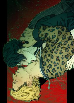 Rule 34 | 2boys, absurdres, akutsu daimu, animal print, black hair, blonde hair, blush, chain, chain necklace, cheekbones, facial hair, goatee, highres, irezumi, jacket, jewelry, leopard print, licking, licking another's neck, lost judgment, male focus, multicolored hair, multiple boys, necklace, souma kazuki, tattoo, teppn (gattobamboom), two-tone hair, upper body, vest, waistcoat, yaoi