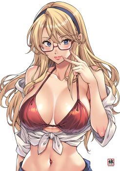 1girl artist_logo bikini blonde_hair blue_eyes blue_pants breasts cleavage eyelashes finger_to_mouth freezing_(series) front-tie_top glasses headband large_breasts logo long_hair loose_clothes loose_shirt midriff moonzero_(cdggam) navel official_art pants red_bikini satellizer_el_bridget shiny_skin shirt solo standing swimsuit thick_lips upper_body v v_over_mouth white_background