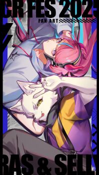 2boys animal_ears aqua_streaks cat_ears commentary_request crazy_raccoon english_text furry furry_male green_eyes headband headphones highres hood hoodie horns long_hair multiple_boys oda_(oda_utk) pink_hair purple_eyes purple_shirt ras_(crazy_raccoon) selly55 shirt short_sleeves smirk star_(symbol) star_print suspenders tongue tongue_out trap v white_fur yellow_shirt