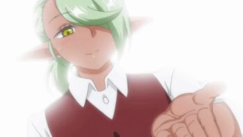 1boy 2023 20s animated animated_gif anime_screenshot boy_(majo_wa_kekkyoku_sono_kyaku_to) dark-skinned_male dark_elf dark_skin elf green_hair hand_out high_ponytail hotel_room lowres majo_wa_kekkyoku_sono_kyaku_to..._the_animation pointy_ears ponytail short_male smile standing tagme uniform_vest waitress_uniform yellow_eyes