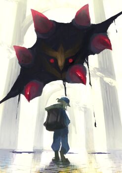 Rule 34 | 1boy, absurdres, backpack, bag, black liquid, blonde hair, blue hat, blue pants, boots, brown shoes, cchan tuka, commentary request, gen 4 pokemon, giratina, hair bun, hat, highres, legendary pokemon, nintendo, pants, pokemon, pokemon legends: arceus, red claws, red eyes, shoes, sleeping bag, stone pillar, volo (pokemon)