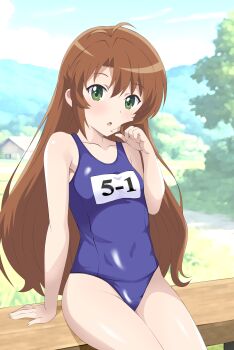 1girl bare_arms bare_legs bare_shoulders blue_one-piece_swimsuit blurry blurry_background breasts brown_hair building collarbone day dot_nose feet_out_of_frame female_focus green_eyes hair_between_eyes house kiniro_tofu koshigaya_komari legs long_hair looking_at_viewer mountain non_non_biyori one-piece_swimsuit open_mouth outdoors school_swimsuit shiny_skin sitting sky small_breasts solo swimsuit tree