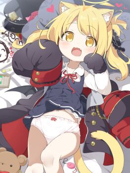 1girl animal_ears animal_hands black_coat blonde_hair blue_archive bow bow_panties cat_ears cat_girl cat_tail coat commentary_request crayon crime_prevention_buzzer dress halo hat highres ibuki_(blue_archive) kemonomimi_mode loli lying makuran on_back open_mouth panties peaked_cap pinafore_dress shirt sleeveless sleeveless_dress sleeves_past_fingers sleeves_past_wrists solo tail underwear white_panties white_shirt wings yellow_eyes yellow_halo