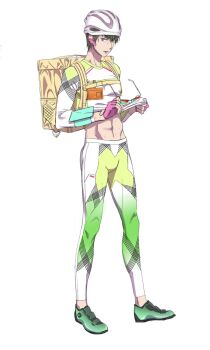 Rule 34 | 1boy, backpack, bag, bicycle helmet, clothes lift, commentary request, full body, glasses, green hair, green shoes, helmet, highres, holding, holding removed eyewear, male focus, matsuno choromatsu, o hqfu, official art, osomatsu-san, osomatsu (series), pants, pink eyes, shirt lift, shoes, solo, sweat, unworn eyewear, white pants