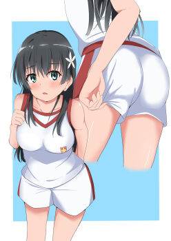 1girl adjusting_clothes adjusting_shorts ass black_hair blue_background blue_eyes breasts commentary_request flower gym_shirt gym_shorts gym_uniform hair_flower hair_ornament highres large_breasts long_hair multiple_views open_mouth saten_ruiko school_emblem shirt shorts sleeveless sleeveless_shirt tabu_(tabu_01) toaru_kagaku_no_railgun toaru_majutsu_no_index tokiwadai_school_gym_uniform two-tone_background white_background white_shirt white_shorts