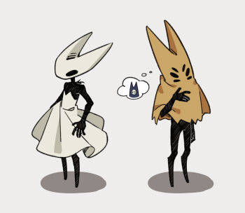 1girl absurdres alternate_costume alternate_universe arthropod_girl black_skin colored_skin commentary cosplay dress english_commentary extra_eyes first_sinner_(hollow_knight) first_sinner_(hollow_knight)_(cosplay) herrah_(hollow_knight) highres hollow_eyes hollow_knight hollow_knight:_silksong horned_mask hornet_(hollow_knight) mask revolutionary_lab670 shadow speech_bubble strapless strapless_dress thought_bubble white_dress white_mask widow_(hollow_knight) widow_(hollow_knight)_(cosplay)