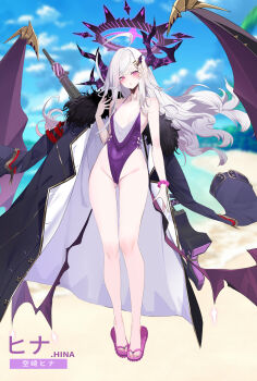 1girl absurdres aged_up ahoge bare_arms bare_legs bare_shoulders black_choker black_coat blue_archive blush breasts character_name choker coat collarbone commentary dishwasher1910 english_commentary full_body fur-trimmed_coat fur_trim gluteal_fold gun gun_on_back halo highleg highleg_leotard highres hina_(blue_archive) hina_(swimsuit)_(blue_archive) horns leotard long_hair looking_at_viewer low_wings machine_gun medium_breasts mg42 purple_eyes purple_halo purple_horns purple_leotard purple_sandals purple_scrunchie purple_wings sandals scrunchie solo standing thighs very_long_hair weapon weapon_on_back white_hair wings wrist_scrunchie