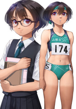 1girl abs aqua_necktie bare_shoulders black_skirt black_sports_bra black_vest bob_cut book breasts brown-framed_eyewear brown_eyes brown_hair buruma closed_mouth collarbone commentary cowboy_shot dress_shirt farmer's_tan glasses green_buruma green_headband green_sports_bra headband highres holding holding_book holding_notebook hugging_object looking_at_viewer looking_to_the_side midriff multiple_views navel necktie notebook numbered original otsu_natsu parted_lips pleated_skirt puffy_short_sleeves puffy_sleeves round_eyewear school_uniform shirt shirt_tan short_hair short_sleeves shorts_tan simple_background skirt sleeveless small_breasts smile solo_focus sports_bikini sports_bra standing tan tanline tanlines toned track_and_field two-tone_sports_bra vest white_background white_shirt