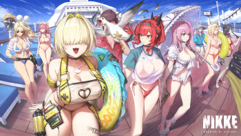 1boy 6+girls :d absurdres ahoge beach_chair belt bikini bird black_choker black_hair blonde_hair blue_bikini blue_jacket blue_sky bottle bracelet breasts brown_hair centi_(nikke) centi_(supreme_holiday)_(nikke) choker cleavage cleavage_cutout closed_mouth clothing_cutout cloud commander_(nikke) controller copyright_name crop_top curvy day dorothy_(nikke) dorothy_(serendipity)_(nikke) elegg_(boom_and_shock)_(nikke) elegg_(nikke) faceless faceless_male fang feathers fish frills frima_(nikke) frima_(sea_of_sloth)_(nikke) gloves goddess_of_victory:_nikke grey_hair hair_intakes hair_over_eyes happy heart heart-shaped_eyewear heart_cutout highres holding holding_swim_ring holding_umbrella innertube jacket jewelry large_breasts looking_at_another multiple_girls official_alternate_costume official_art one-piece_swimsuit open_mouth orange_bikini outdoors pepper_(nikke) pepper_(ocean_vitamin)_(nikke) pink_hair purple_eyes rapi_(nikke) rapi_(red_hood)_(nikke) rapi_(red_hood)_(red_flavor)_(nikke) red_bikini red_eyes red_hair red_one-piece_swimsuit red_shirt remote_control sandals seagull shiny_skin ship ship_deck shirt single_glove sky slingshot_swimsuit smile sunglasses suspenders swim_ring swimsuit thighs thong thong_bikini tove_(nikke) tove_(sunblaze)_(nikke) umbrella veksoo walking watercraft white_bikini white_shirt wide_hips yan_(nikke) yan_(sunrise_market)_(nikke) yellow_slingshot_swimsuit
