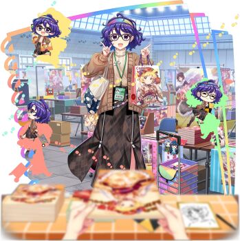 Rule 34 | 1girl, 1other, aki minoriko, aki minoriko (sweet sister god), alternate costume, bag, bespectacled, blurry, box, brown-framed eyewear, brown cardigan, brown skirt, cardboard box, cardigan, chair, character charm, character print, character request, charm (object), chibi, closed eyes, closed mouth, depth of field, folding chair, fujiwara no mokou, game cg, glasses, hecatia lapislazuli, highres, himekaidou hatate, himemushi momoyo, holding, holding bag, id card, iizunamaru megumu, long sleeves, looking at viewer, merchandise, multiple views, official art, open cardigan, open clothes, open mouth, pointing, pov, pov hands, purple eyes, purple hair, rainbow gradient, rotte (1109), shoulder bag, skirt, smile, sweater, table, tenkyuu chimata, third-party source, touhou, touhou lostword, translation request, transparent background, tsukumo yatsuhashi, tsukumo yatsuhashi (rebel koto guitarist), yellow sweater, zipper, zipper pull tab