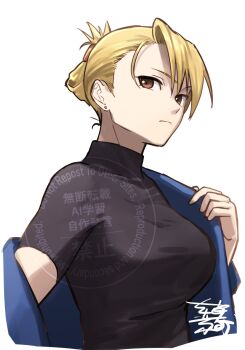 Rule 34 | 1girl, blonde hair, blue jacket, breasts, brown eyes, commentary request, folded ponytail, frown, fullmetal alchemist, highres, jacket, large breasts, nanao itsuki, riza hawkeye, shirt, signature, solo, turtleneck, turtleneck shirt, upper body, watermark