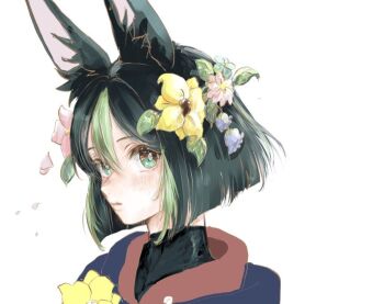 1boy animal_ear_fluff animal_ears black_shirt blue_eyes blue_flower blunt_ends blush commentary_request flower genshin_impact hair_between_eyes hair_flower hair_ornament leaf looking_to_the_side male_focus multicolored_hair otanpopo1208 parted_lips pink_flower shirt short_hair sideways_glance simple_background solo streaked_hair tighnari_(genshin_impact) white_background yellow_flower