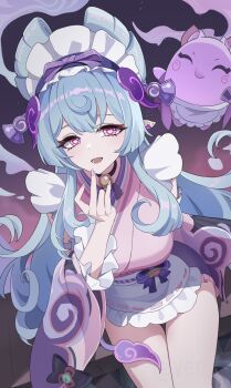 Rule 34 | 1girl, apron, aqua hair, bell, breasts, commentary request, detached sleeves, finger to own chin, frilled hairband, frilled sleeves, frills, from above, genshin impact, hairband, highres, japanese clothes, kimono, long hair, looking at viewer, medium breasts, nail polish, neck bell, nihongami, obi, open mouth, pink eyes, pink kimono, pointy ears, sash, short kimono, sitting, tail, tapir girl, tapir tail, thighs, vec ka, waist apron, wide sleeves, yumemizuki mizuki