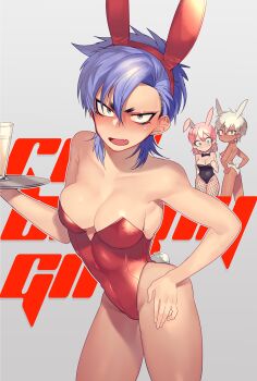 Rule 34 | 3girls, alcohol, animal ears, blue hair, blush, bow, bowtie, breasts, rabbit ears, champagne, champagne glass, detached collar, dotsuco, embarrassed, fake animal ears, genderswap, genderswap (mtf), grey background, highres, leotard, looking at viewer, multiple girls, open mouth, original, pink hair, playboy bunny, red leotard, short hair, strapless, strapless leotard, sweat, tsurime, white hair