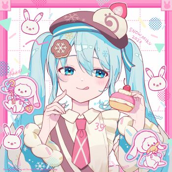 1girl 39 apron aqua_eyes aqua_hair ashika_(yftcc948) beret blush brown_hat character-themed_food character_name closed_mouth commentary_request cookie_hair_ornament food food-themed_hair_ornament frilled_apron frills fur-trimmed_sleeves fur_trim hair_between_eyes hair_ornament hat hatsune_miku highres holding holding_food long_hair looking_at_viewer necktie official_alternate_costume official_alternate_hairstyle pink_necktie rabbit_yukine short_sleeves smile tongue tongue_out twintails upper_body very_long_hair vocaloid white_apron wide_sleeves yuki_miku yuki_miku_(2026)