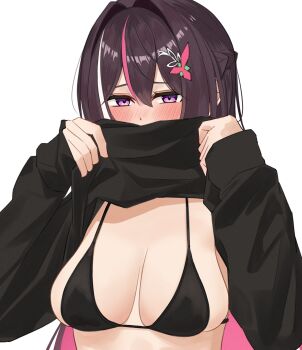 1girl azki_(hololive) black_bra black_hair black_sweater bra braid breasts cleavage clothes_lift colored_inner_hair commentary double-parted_bangs hair_between_eyes hair_intakes half_up_braid highres hololive large_breasts long_hair looking_at_viewer mino_(miiiinon611) mole mole_under_eye multicolored_hair pink_hair purple_eyes simple_background solo streaked_hair sweater sweater_lift symbol-only_commentary underwear upper_body virtual_youtuber white_background white_hair