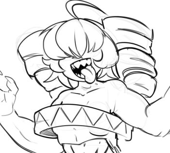 1girl ahoge alternate_costume alternate_hairstyle bare_shoulders breasts claws collarbone drill_hair electronic_baka greyscale hair_over_eyes kasane_teto medium_breasts monochrome monster_girl open_mouth sharp_teeth shirt skech sketch teeth tongue tongue_out twin_drills utau