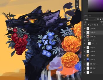 animal_focus bakuinu blue_flower commentary_request flower flower_focus flower_request leaf looking_at_viewer no_humans orange_eyes orange_flower orange_sky original plant plant_focus red_flower red_rose rose sky user_interface wolf