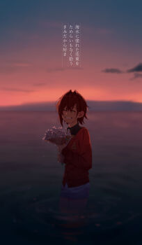 Rule 34 | 1girl, ange katrina, ange katrina (1st costume), blue sky, blurry, blurry background, blush, bouquet, cardigan, closed eyes, cloud, commentary request, dress, dusk, facing viewer, feet out of frame, flower, gradient sky, grin, hair between eyes, hair intakes, hair ornament, hands up, highres, holding, holding bouquet, long sleeves, medium hair, nijisanji, orange sky, outdoors, red cardigan, red hair, sakuraki riichi, short dress, sky, smile, solo, translation request, triangle hair ornament, twilight, virtual youtuber, wading, water, wet, white dress, white flower