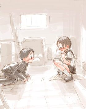 1boy 1girl black_hair black_jacket black_neckerchief black_pants black_skirt blush breath brown_eyes brown_hair closed_eyes gouchin_(nyou-tou) grey_shoes jacket loli long_sleeves looking_at_pussy neckerchief open_mouth original panties pants panty_pull peeing puddle school_uniform shirt shoes short_hair short_sleeves shota sketch skirt socks squatting steam tears uncensored underwear warehouse watching white_panties white_shirt white_socks window