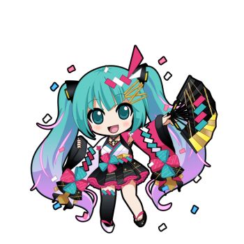 1girl :d animated animated_png aqua_eyes aqua_hair asymmetrical_footwear asymmetrical_sleeves black_kimono black_outline black_thighhighs blinking blush chibi chibi_only colored_petticoat confetti folding_fan full_body game_asset gradient_hair hair_ornament hand_fan hatsune_miku hatsune_miku_graphy_collection holding holding_fan japanese_clothes kimono kimono_skirt looking_at_viewer magical_mirai_miku magical_mirai_miku_(2020_summer) mismatched_footwear mismatched_sleeves multicolored_hair okobo open_mouth outline petticoat pinching_sleeves pink_hair pink_sleeves pink_streaks platform_sandals sandals sidelocks single_thighhigh smile solo standing streaked_hair thighhighs transparent_background vocaloid white_kimono white_sleeves