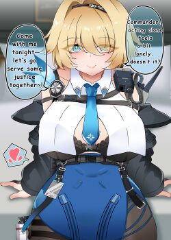 1girl black_bra black_pantyhose blonde_hair blue_eyes blue_necktie bra breasts coat english_text explosive girls&#039;_frontline girls&#039;_frontline_2:_exilium grenade heart large_breasts liusheng necktie nikketa_(girls&#039;_frontline_2) pantyhose solo spoken_heart tagme underwear vsk-94_(girls&#039;_frontline)