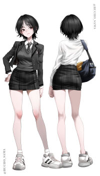 1girl absurdres ass bag black_hair black_jacket black_necktie black_skirt brown_eyes bucho_sama collared_shirt commentary from_behind full_body heart heart-shaped_pupils highres jacket mole mole_under_eye multiple_views necktie original pencil_skirt school_uniform shirt shoes short_hair shoulder_bag simple_background skirt sneakers standing symbol-shaped_pupils twitter_username white_background white_shirt white_shoes