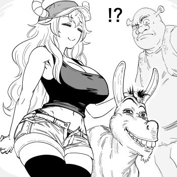 !? 1boy 1girl absurdres baseball_cap bb_(baalbuddy) big_nose breasts cleavage closed_eyes closed_mouth crossover curvy denim denim_shorts donkey donkey_(shrek) dragon_girl grin hand_on_another&#039;s_head hat headpat highres horns huge_breasts implied_bestiality kobayashi-san_chi_no_maidragon long_hair lucoa_(maidragon) midriff navel no_nose ogre open_clothes open_fly open_shorts panties short_shorts shorts shrek shrek_(series) smile smug tank_top thighhighs unbuttoned underwear very_long_hair wide_hips zettai_ryouiki
