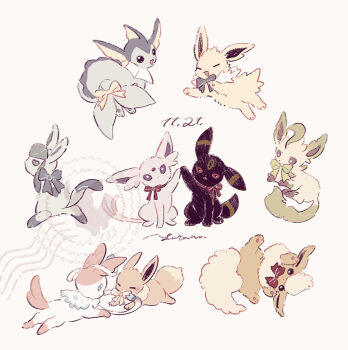 :&lt; animal_focus animal_hands black_eyes black_fur blue_bow blue_eyes blue_fur bow brown_eyes brown_fur dated eevee espeon facial_mark fins fish_tail flareon forehead_jewel forehead_mark full_body gen_1_pokemon gen_2_pokemon gen_4_pokemon gen_6_pokemon glaceon green_bow green_fur head_fins highres jolteon leaf leafeon looking_at_viewer lying neck_fur nintendo no_humans open_mouth orange_fur pawpads pink_fur pokemon pokemon_(creature) pokemon_focus purple_eyes purple_fur red_bow red_eyes red_ribbon ribbon sidelocks simple_background sitting spiked_tail standing sylveon tail umbreon vaporeon white_background white_bow white_fur yellow_fur yurano_(upao)