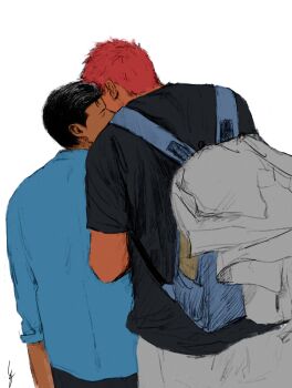 Rule 34 | 2boys, back, backpack, bag, black hair, closed eyes, couple, cowboy shot, highres, k05062688, male focus, mito youhei, multiple boys, pompadour, red hair, sakuragi hanamichi, short hair, side-by-side, simple background, slam dunk (series), white background, yaoi