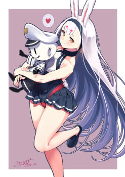 1girl absurdres animal_ears azur_lane bikini bikini_over_clothes black_shoes black_skirt blush brown_eyes character_doll commander_(azur_lane) doll heart highres hugging_object leg_lift leg_up long_hair miniskirt pleated_skirt rabbit_ears rabbit_girl rabbit_tail red_bikini shimakaze_(azur_lane) shirt shoes skirt smile solo spoken_heart standing standing_on_one_leg swimsuit tail thighs umyonge_(lkakeu) very_long_hair white_hair white_shirt