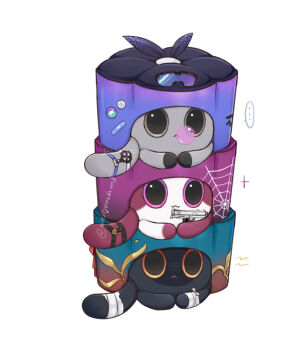 ... :&lt; :3 animal_focus animalization bandaged_arm bandaged_tail bandages bandaid black_cat blade_(honkai:_star_rail) blade_(sesame_cake)_(honkai:_star_rail) brown_cat bubble cat chewing_gum cake_cat_(honkai:_star_rail) goggles grey_cat grey_eyes gun holding holding_gun holding_weapon honkai:_star_rail honkai_(series) kafka_(honkai:_star_rail) kafka_(shader_cat)_(honkai:_star_rail) no_humans orange_eyes pink_eyes sallyatoyota silver_wolf_(honkai:_star_rail) simple_background spoken_ellipsis stack tail_strap twitter_username weapon white_background white_cat