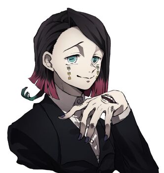 Rule 34 | 1boy, :>, asymmetrical bangs, black jacket, blue eyes, buttons, closed mouth, colored tips, commentary request, cropped torso, demon boy, enmu (kimetsu no yaiba), facial mark, finger tattoo, hand up, highres, jacket, kanji tattoo, kimetsu no yaiba, limp wrist, long sleeves, looking at viewer, male focus, medium hair, misplaced mouth, multicolored hair, open mouth, purple nails, raised eyebrows, simple background, smile, solo, suit jacket, symbol-shaped pupils, tattoo, tears facial mark, teeth, transparent background, trap, undershirt, upper body, wolf (user saxe5825)