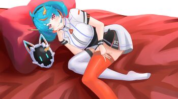 Rule 34 | 1girl, absurdres, ahoge, asymmetrical legwear, bed, belt, black skirt, blue hair, blush, cat mask, dress, esteban (estebaneishon), futuristic outfit, hair ornament, hairclip, headset, highres, indie virtual youtuber, lightning bolt symbol, looking at viewer, lying, mask, michi (vtuber), microphone, mismatched legwear, multicolored hair, non-web source, number print, on bed, short hair, short sleeves, skirt, smile, solo, thighhighs, virtual youtuber, white dress