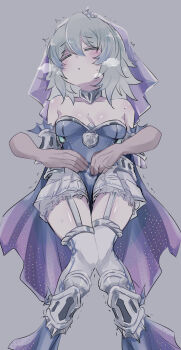 1girl bare_shoulders blue_dress blush breasts closed_eyes crotch_grab detached_sleeves dress duel_monster grey_hair groping hand_on_another&#039;s_crotch hayupipipipi highres long_sleeves medium_hair sleeves_past_wrists small_breasts sweat tearlaments_merrli tiara touching_another&#039;s_crotch veil yu-gi-oh!