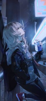 1girl absurdres black_choker black_jacket black_pants choker commentary drink_carton drinking_straw drinking_straw_in_mouth girls_band_cry grey_eyes grey_hair grey_hoodie guitar_case hand_in_pocket hashtag-only_commentary highres holding_carton hood hood_down hoodie instrument_case instrument_on_back jacket kawaragi_momoka kumano_iroha long_hair long_sleeves milk_carton multicolored_hair open_clothes open_jacket pants roots_(hair) solo