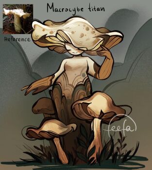 Rule 34 | 1girl, closed eyes, colored skin, english text, feefal, full body, funguary, highres, monster girl, mushroom, mushroom girl, mushroom hat, no nipples, object and personification, original, personification, photo inset, procreate (medium), reference inset, signature, smile, solo