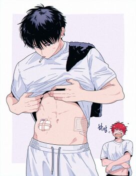 Rule 34 | 2boys, black hair, bruise, bruise on stomach, cigarette, clothes lift, commentary request, gauze on stomach, injury, korean commentary, lemonmelon00, lifting own clothes, looking at self, looking down, male focus, mito youhei, mouth hold, multiple boys, navel, pants, red hair, sakuragi hanamichi, shirt lift, short hair, slam dunk (series), towel, towel on one shoulder, white pants, yawning