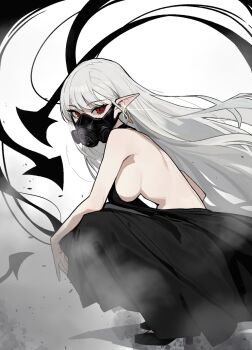Rule 34 | 1girl, absurdres, backless dress, backless outfit, bare arms, bare shoulders, black dress, black shoes, breasts, commentary, covered mouth, dress, dust cloud, earrings, english commentary, floating hair, from side, glint, grey hair, high heels, highres, jewelry, large breasts, long dress, long hair, long pointy ears, looking at viewer, mask, original, pointy ears, red eyes, respirator, rusellunt, shoes, sideless dress, solo, squatting, swept bangs, vampire (gogalking), very long hair