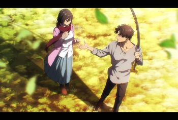 1boy 1girl 35ohama_yu black_hair black_pants blurry blurry_foreground brown_hair cardigan collarbone commentary_request eren_yeager facial_scar falling_leaves fishing_rod grey_shirt grey_skirt hair_between_eyes highres holding holding_fishing_rod leaf long_sleeves looking_at_another looking_back mikasa_ackerman open_cardigan open_clothes open_hand outdoors pants pink_cardigan red_scarf scar scar_on_cheek scar_on_face scarf shingeki_no_kyojin shirt short_hair skirt walking white_shirt
