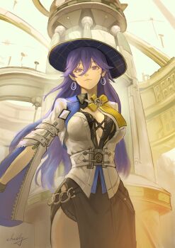 Rule 34 | 1girl, absurdres, black dress, black hat, breasts, chucky (chucky1000sun), cleavage, closed mouth, commentary request, dress, earrings, hair between eyes, hat, highres, jacket, jewelry, large breasts, long hair, lucilla (wuthering waves), mole, mole under eye, purple eyes, purple hair, signature, smile, solo, white jacket, wuthering waves